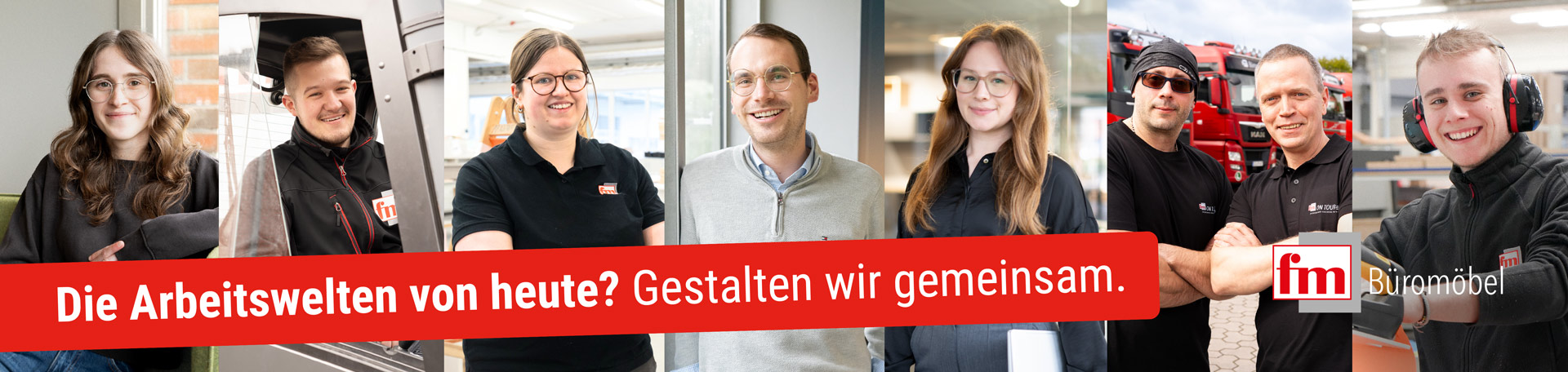 Einzelne Bilder von Personen. Textband darüber. Dort steht: "Die Arbeitswelt von heute? Gestalten wir gemeinsam."